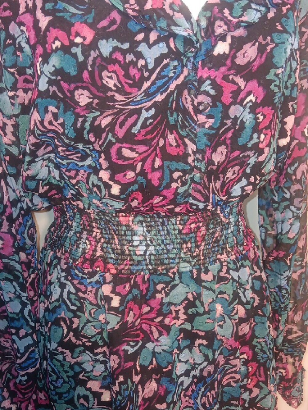 Nanette Lepore Teal Navy & Pink Floral Long-Sleeve Bohemian Maxi Dress - Picture 5 of 12